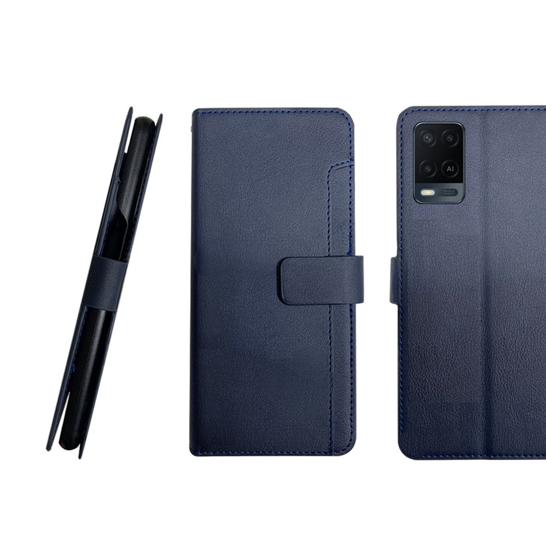 CASE SHOP OPPO A54(4G) 前插卡侧立式皮套-蓝  加送3.5mm耳机 - 手机壳/手机套 - 人造皮革 蓝色