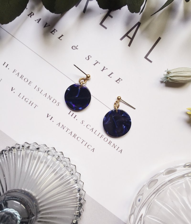 出清 La Don - 石纹圆片 - 深蓝黑 耳针/耳夹可选 - 耳环/耳夹 - 压克力 蓝色