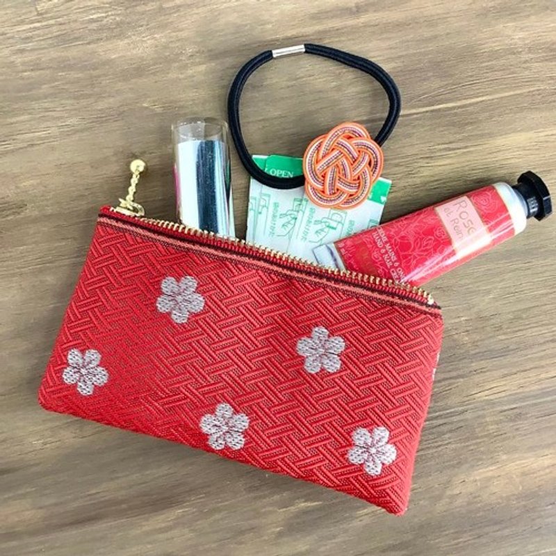 【白梅】榻榻米布边 扁平迷你收纳包 零钱包 卡片夹 和风 春 红色 梅花 - 化妆包/杂物包 - 其他材质 红色