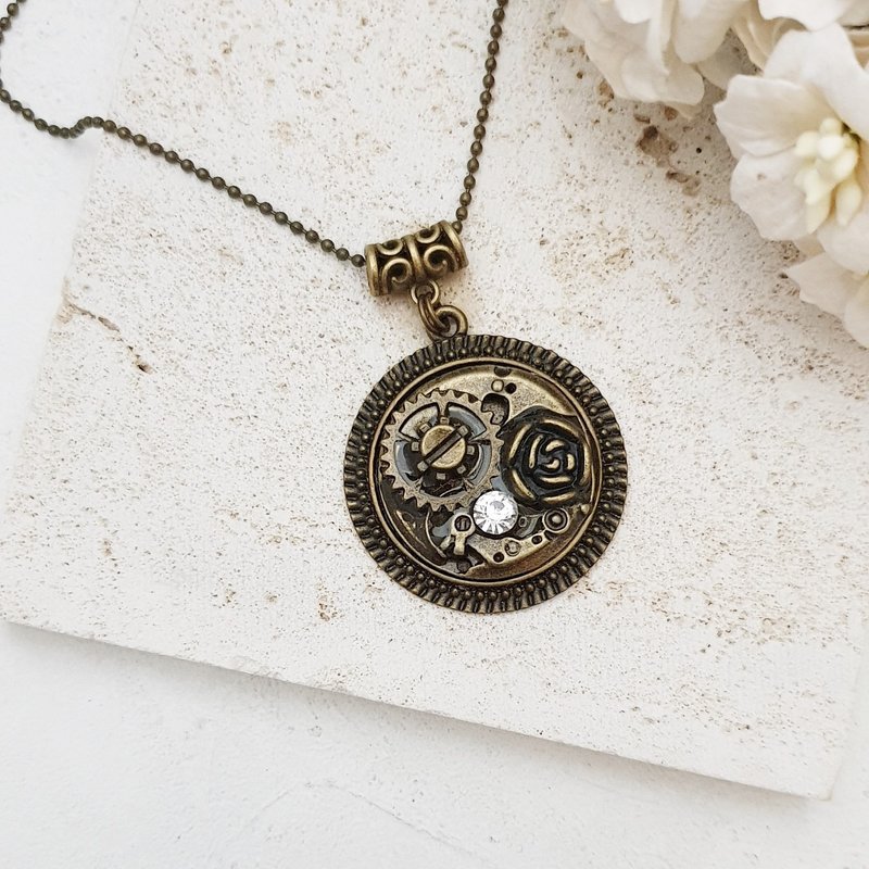 蒸气庞克 - 长项链。齿轮 x 旧表配件 x 玫瑰 x 水钻 - 长链 - 其他金属 咖啡色