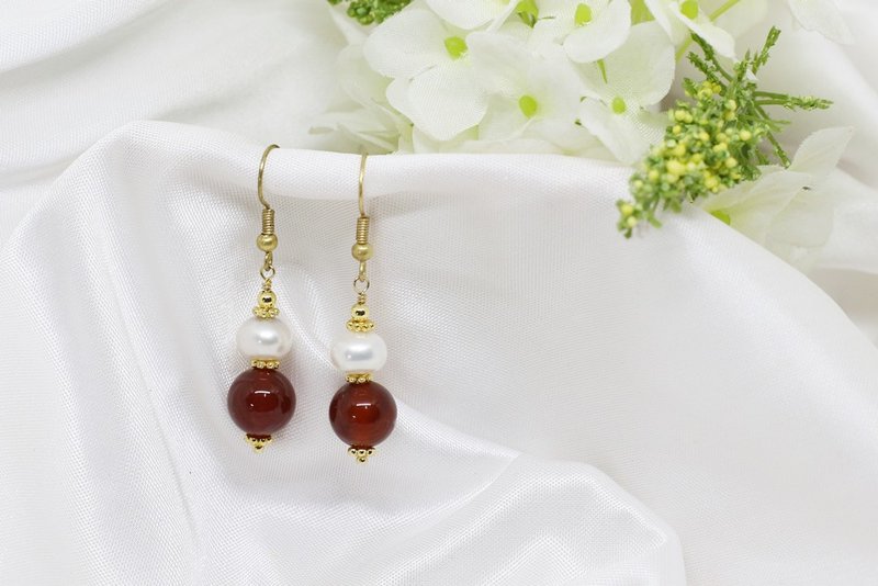 【基本入门款】古典红玛瑙与白色淡水珍珠 耳环 - 耳环/耳夹 - 其他材质 红色