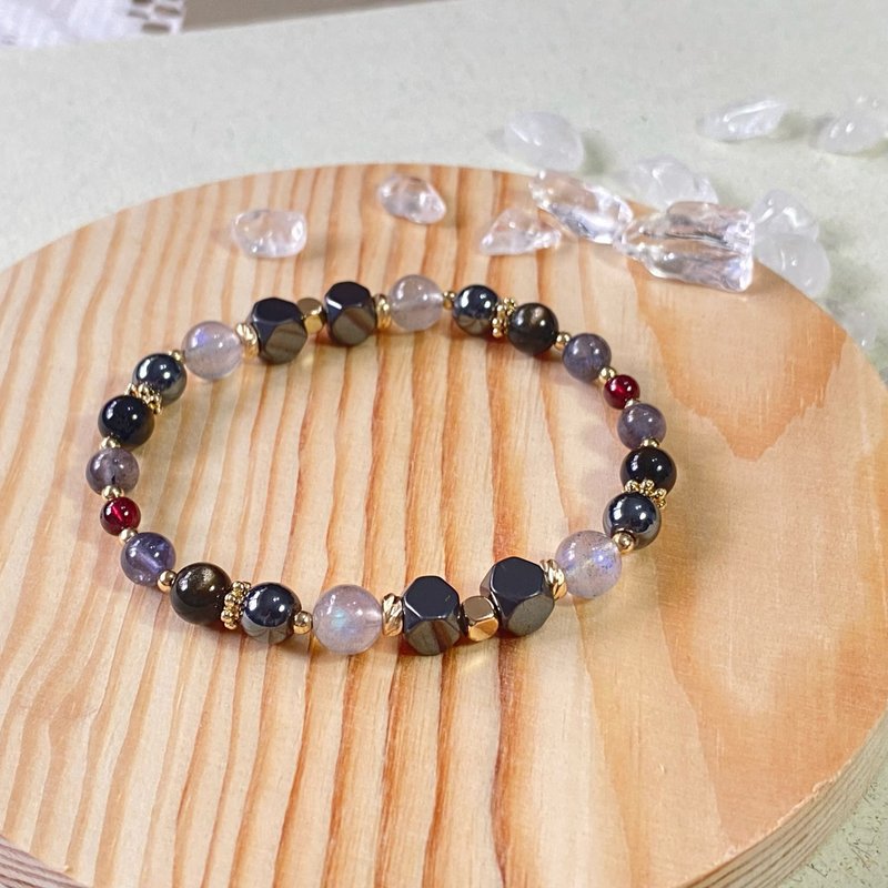 圣诞礼物 红石榴 灰月光 堇青石 黑曜石||舒压助眠辟邪 水晶手链 - 手链/手环 - 水晶 黑色