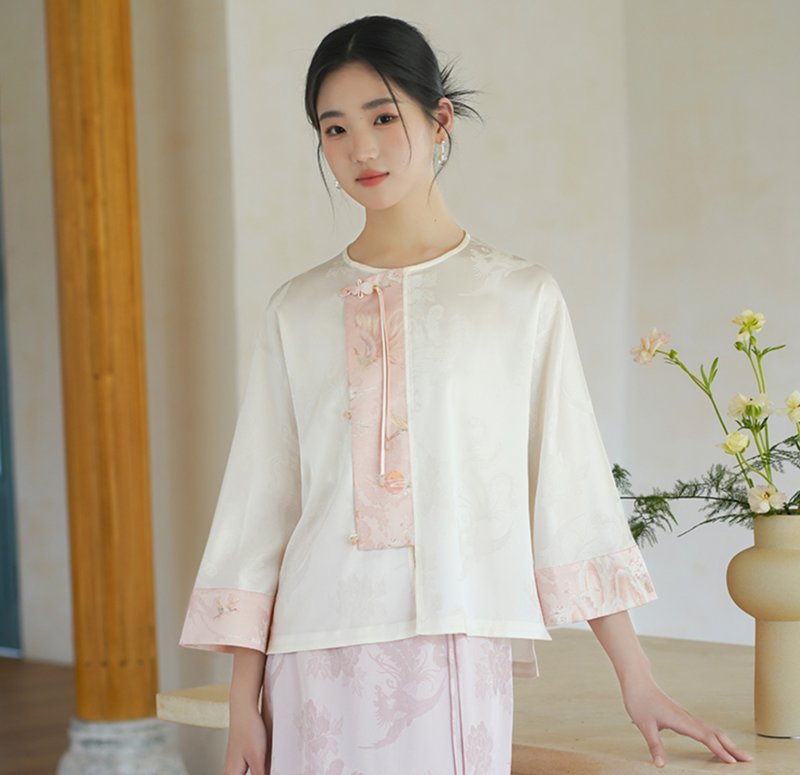 【云霜白】新中式复古中国风 舒适拼接/禅意上衣/半裙 - 洋装/连衣裙 - 其他材质 白色