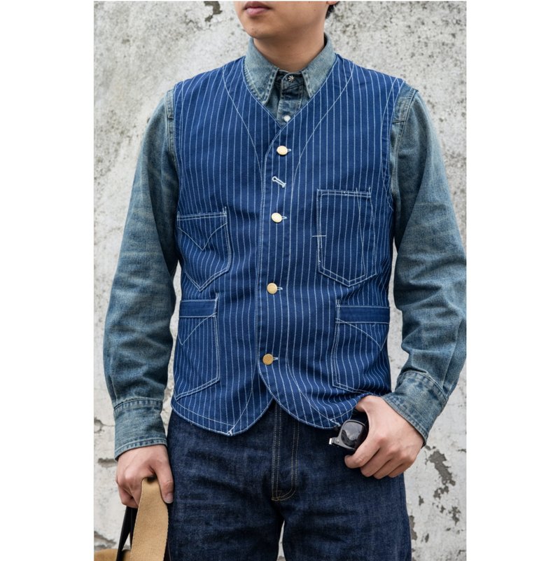 工装马甲 12oz 蓝染靛蓝帆布 Wabash 拔染 背心 美式复古 - 男装背心 - 棉．麻 蓝色