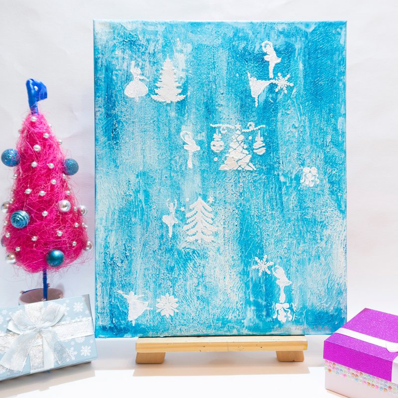 Christmas Painting Tree Pine Original Art Ballerina Dance Snowflake Artwork Snow - 海报/装饰画/版画 - 其他材质 蓝色