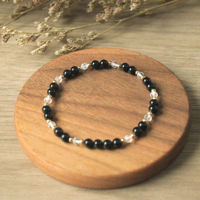 黑碧玺手链-白水晶-舒压-防小人-附大颗粒白水晶消磁石+饰品盒 - 手链/手环 - 水晶 黑色