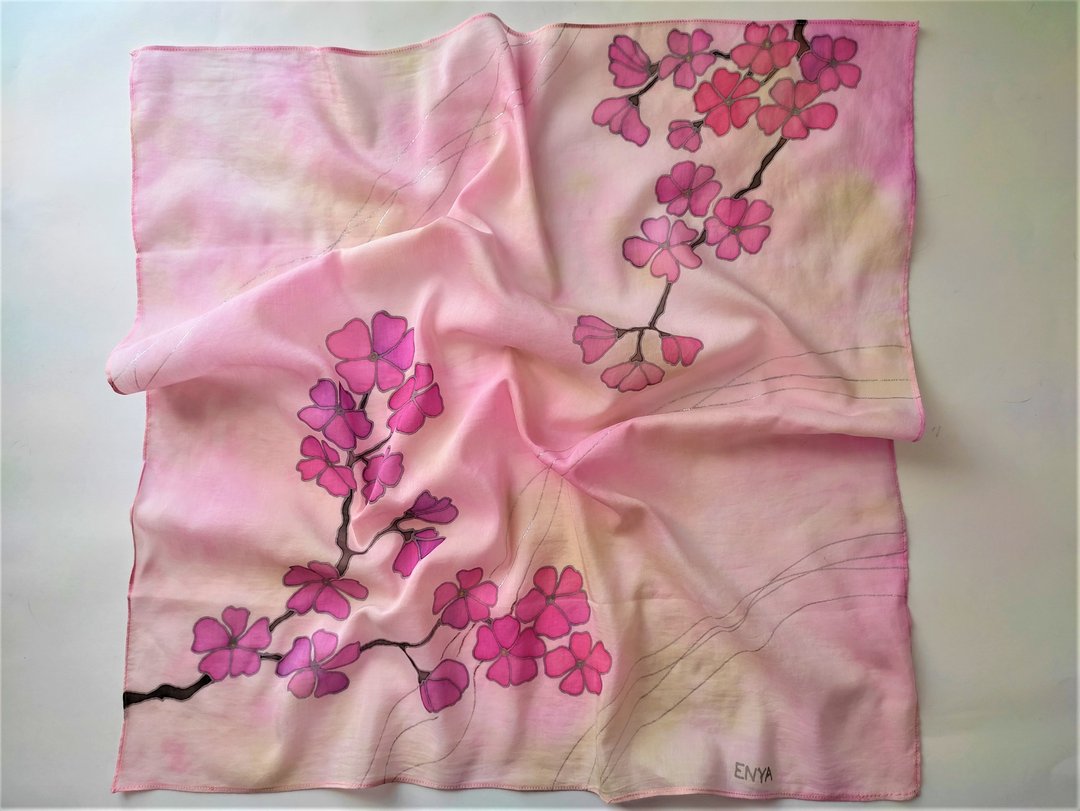 Square cherry blossom scarf Cotton and silk scarf pink Hand painted scarf - 丝巾 - 丝．绢 粉红色
