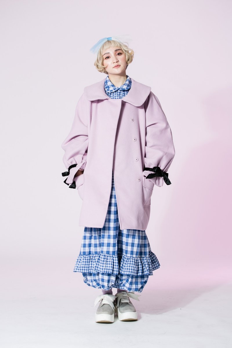 :EMPHASIZE袖口丝绒蝴蝶结绑带羊毛大衣-粉紫色 - 女装休闲/机能外套 - 羊毛 粉红色