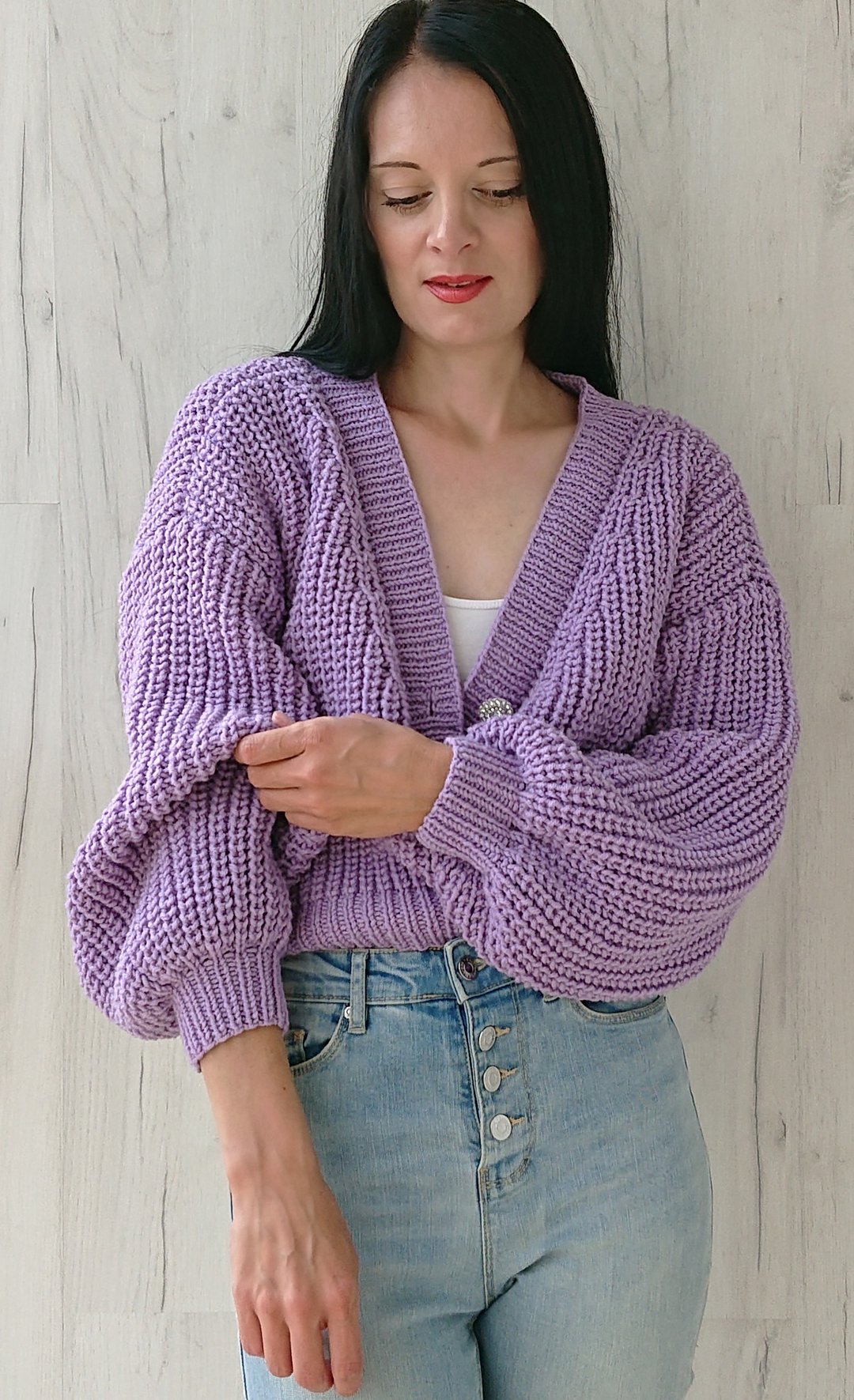 Lantern sleeve sweater Lavender handmade knit jacket High waist V neck cardigan - 女装针织衫/毛衣 - 羊毛 