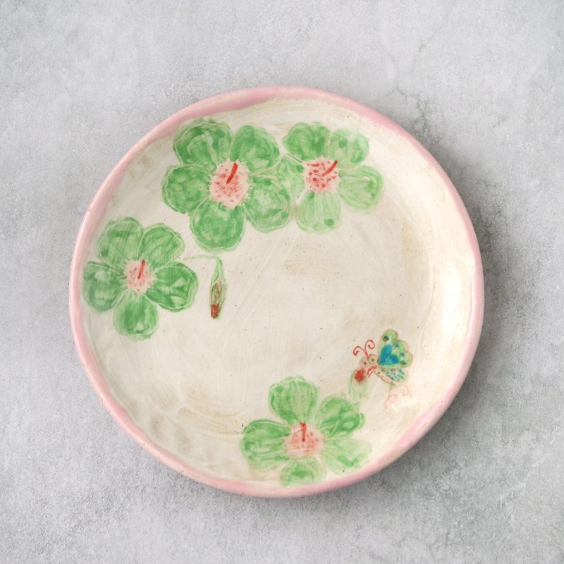 绿色花卉与蝴蝶图案手绘盘 - 盘子/餐盘/盘架 - 陶 粉红色