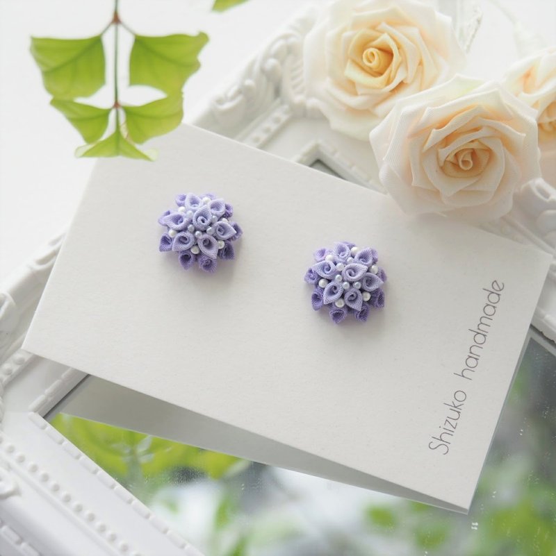 【渲染浪漫紫】小花蕾耳针定制耳环耳夹 14kgf 925 つまみ细工 - 耳环/耳夹 - 棉．麻 紫色