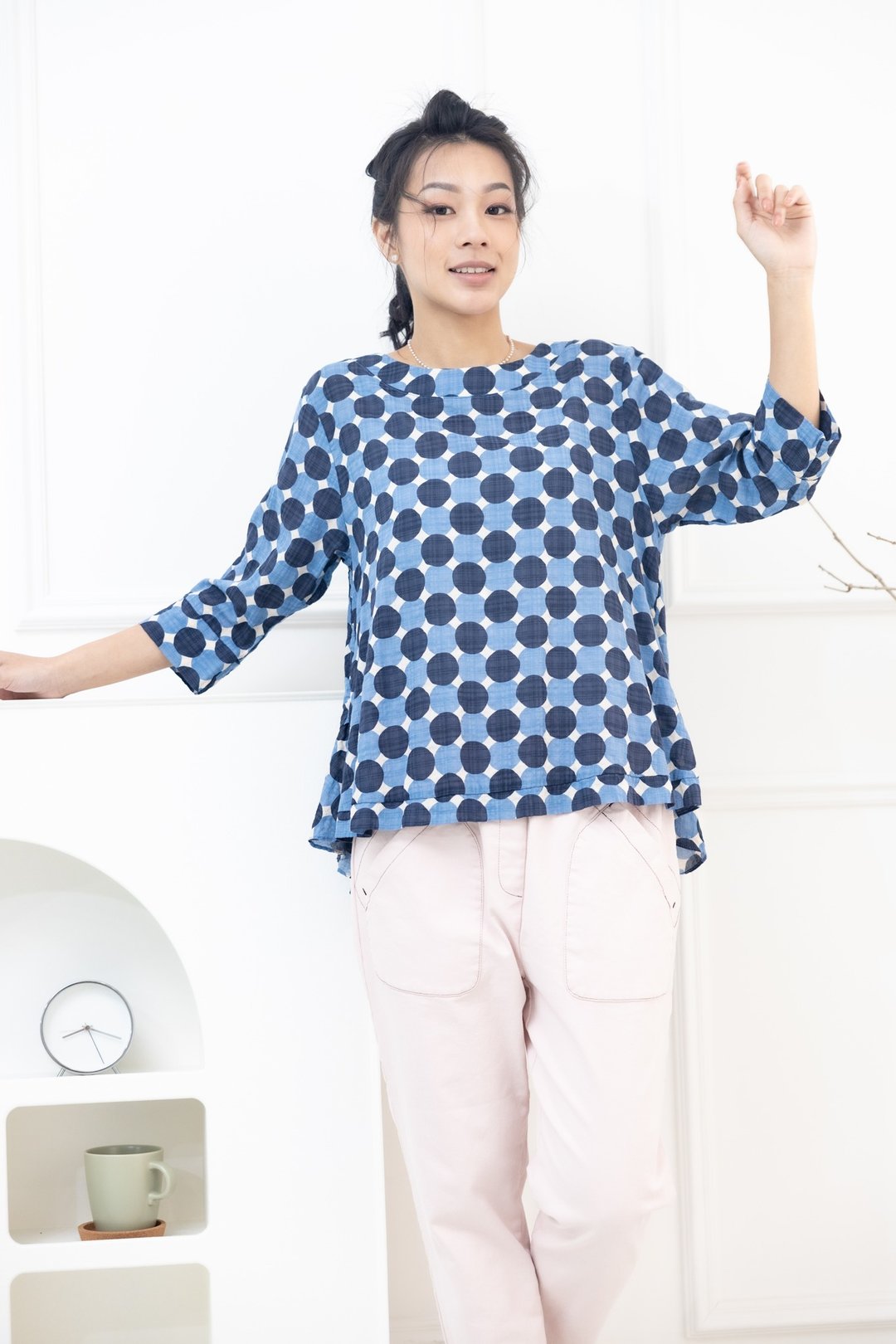圆点点点棉麻短上衣 蓝色系 - 女装上衣 - 其他材质 蓝色