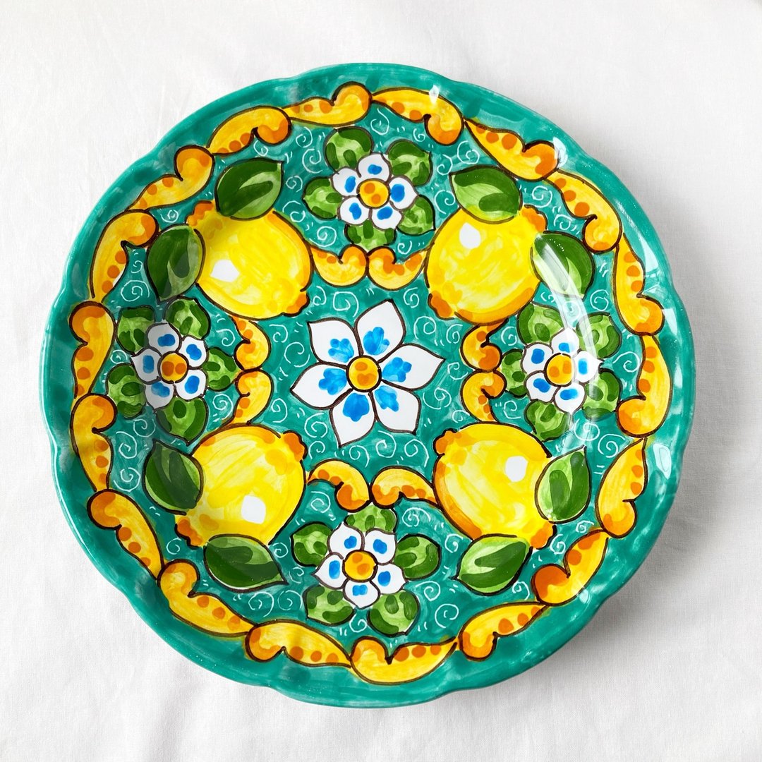 彩绘盘 26 厘米 Majolica 意大利陶器柠檬图案餐盘蓝绿 - 盘子/餐盘/盘架 - 陶 绿色