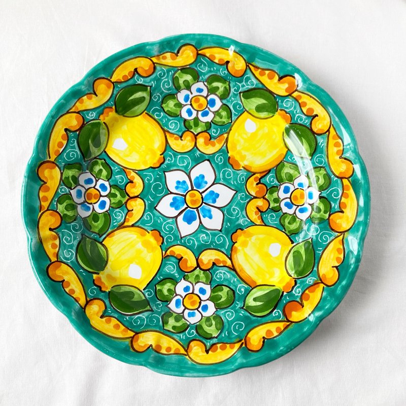 彩绘盘 26 厘米 Majolica 意大利陶器柠檬图案餐盘蓝绿 - 盘子/餐盘/盘架 - 陶 绿色