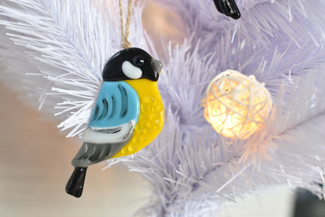 Bird tit christmas gift fused glass suncatcher - christmas tree toys - 摆饰 - 玻璃 黄色
