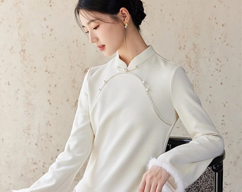 新中式中国风 水貂毛短款正肩百搭打底小衫 - 女装上衣 - 其他材质 白色