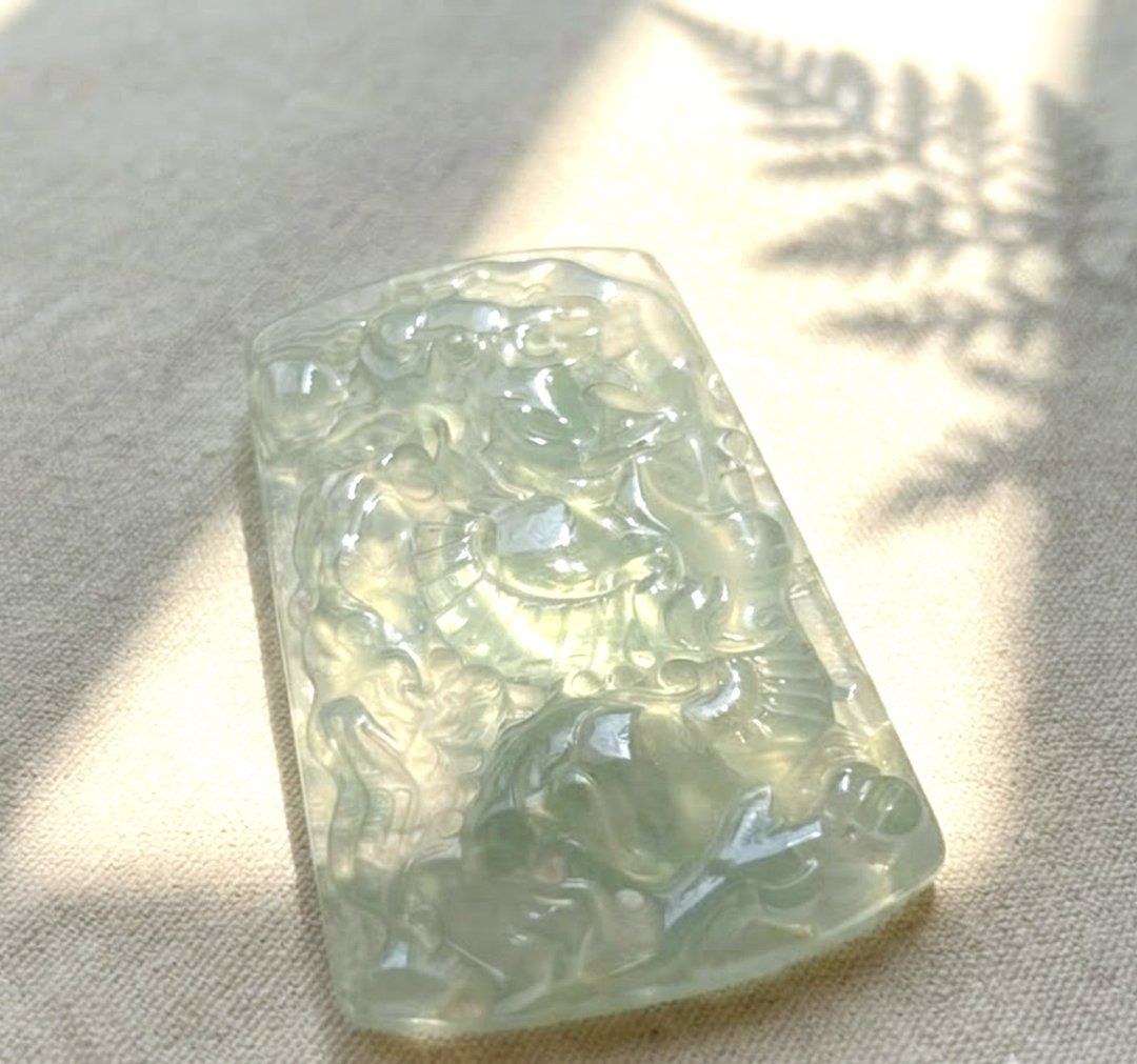 冰种油青翡翠龙牌项链 | 天然缅甸玉翡翠A货 | 送礼 - 项链 - 玉石 绿色
