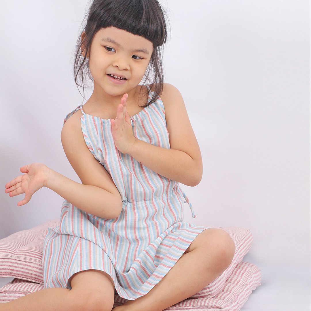 Kids Dress, Linen Stripe Dress, Blue, Renie - 童装礼服/连衣裙 - 棉 多色