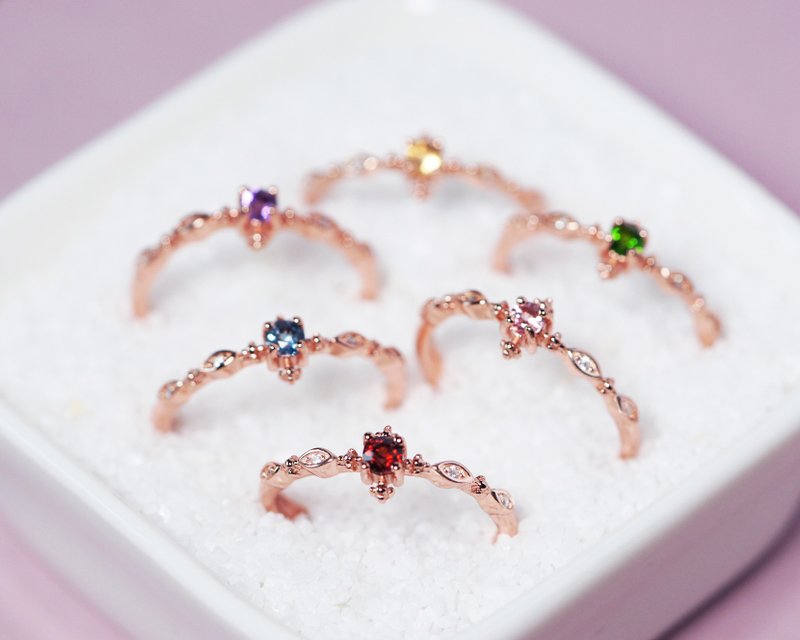 黄水晶-粉碧玺-紫水晶-红石榴石-绿透辉石-细戒指-可调式 - 戒指 - 半宝石 多色