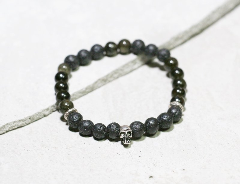 酷玩系列-夜祭 金曜石x火山岩 925纯银手链 天然石手创 定制 个性 - 手链/手环 - 宝石 黑色
