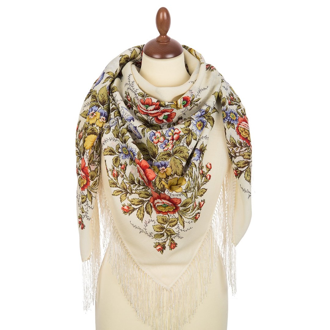 Pavlovo Posad Russian Shawl 100% Wool Scarf Wrap Silk Fringe 125x125 cm 1594-3 - 丝巾 - 羊毛 多色