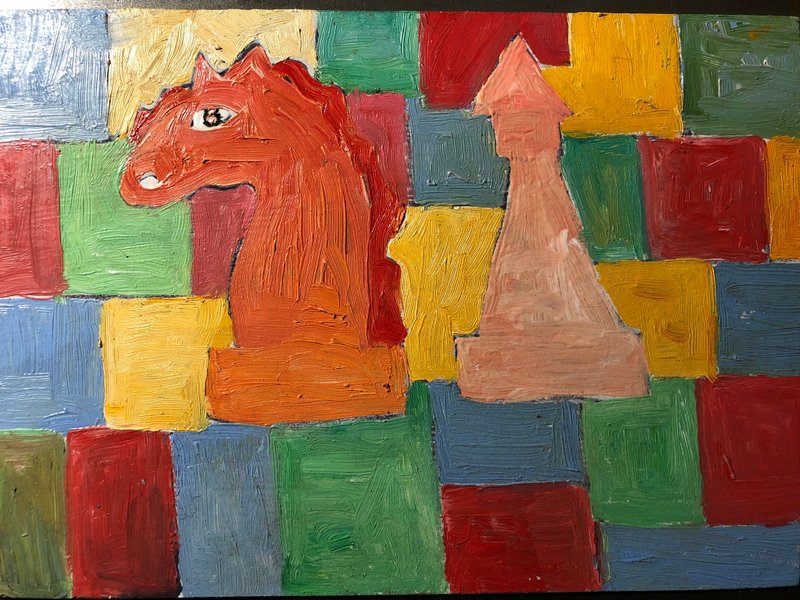 国际象棋游戏，将死，原创艺术，小幅绘画，胶合板上的油画，墙壁艺术 - 墙贴/壁贴 - 木头 多色