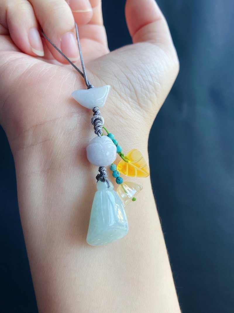 【售出】缅甸玉翡翠冰绿莲篷 元宝 蜜蜡 水晶 助孕 手机链 礼 - 吊饰 - 玉石 绿色