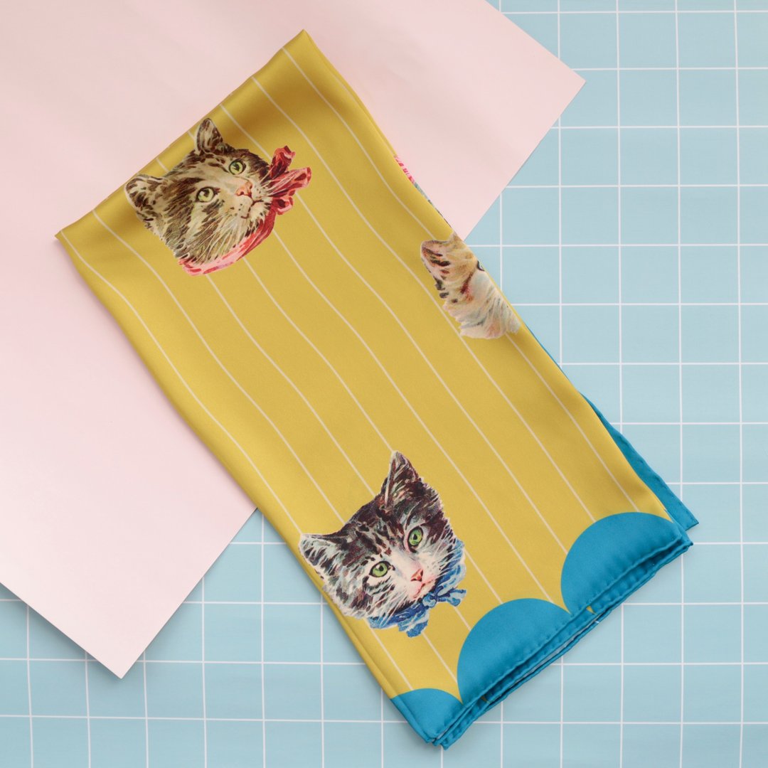 不合原创设计复古插画姜黄猫头条纹印花仿真丝丝巾方巾 - 丝巾 - 聚酯纤维 黄色