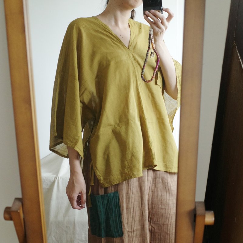 泰国纯棉侧边绑带宽袖上衣 土黄色 - 女装上衣 - 棉．麻 