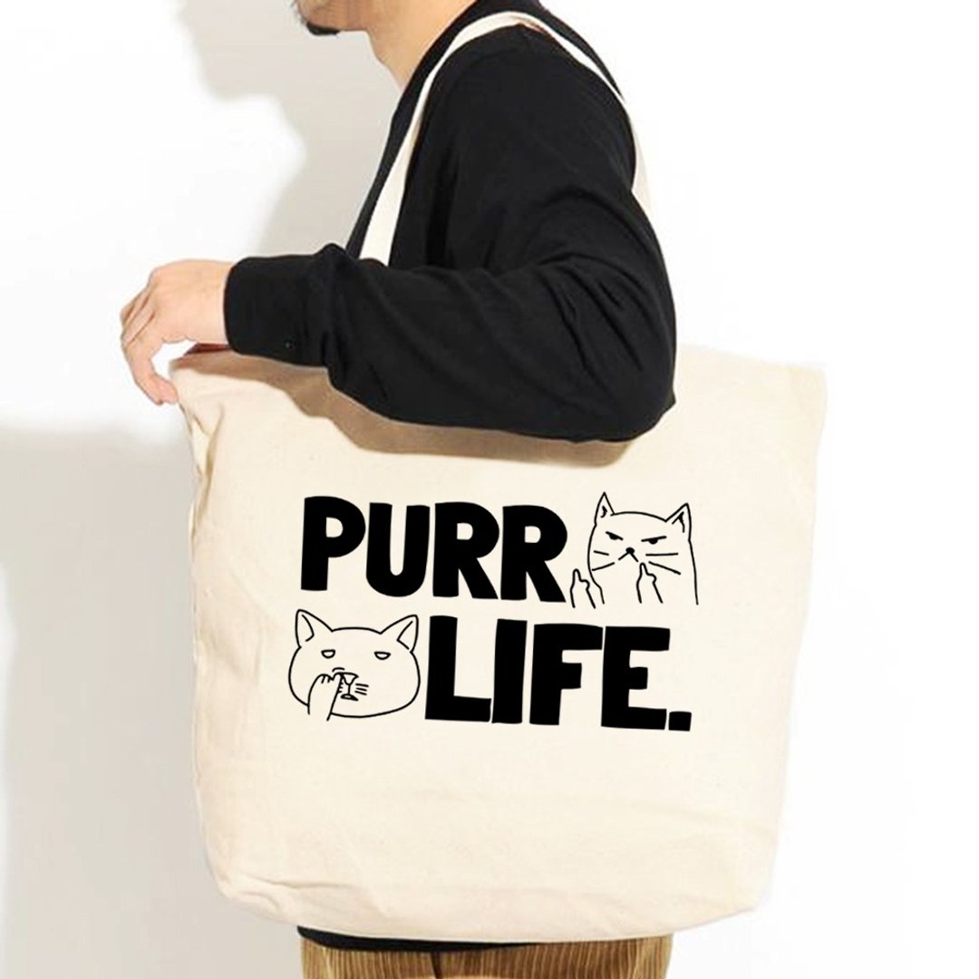 PURR LIFE 帆布环保大购物袋 米白 帆布袋猫咪托特包礼物圣诞交换 - 侧背包/斜挎包 - 其他材质 白色