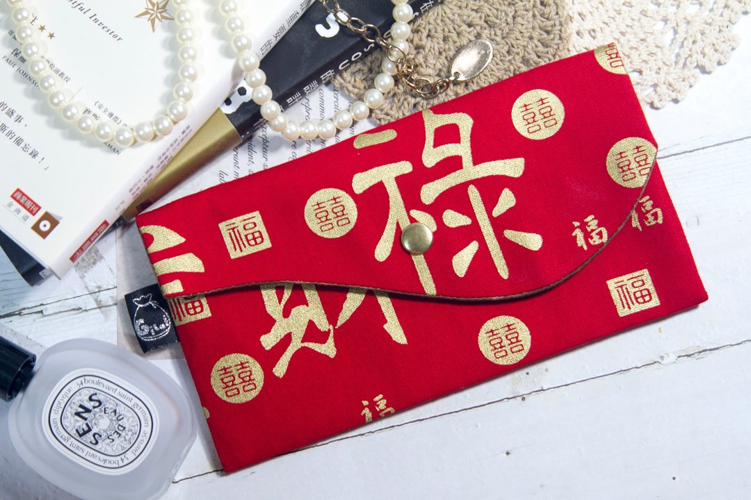 2024版【Gi LAI】10*20Cm开运红包袋/大金字福禄寿 - 皮夹/钱包 - 棉．麻 红色
