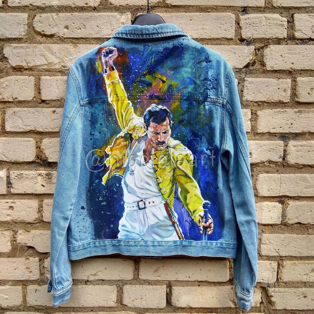 Painted Denim Jacket Handmade Custom jacket Freddie Mercury Rock Band Queen Gift - 女装休闲/机能外套 - 棉 多色