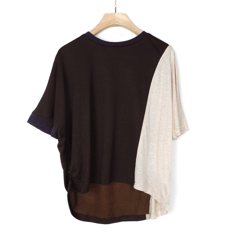 咖杏 腰抓褶造型拼色T #U1101 - 女装 T 恤 - 棉．麻 咖啡色