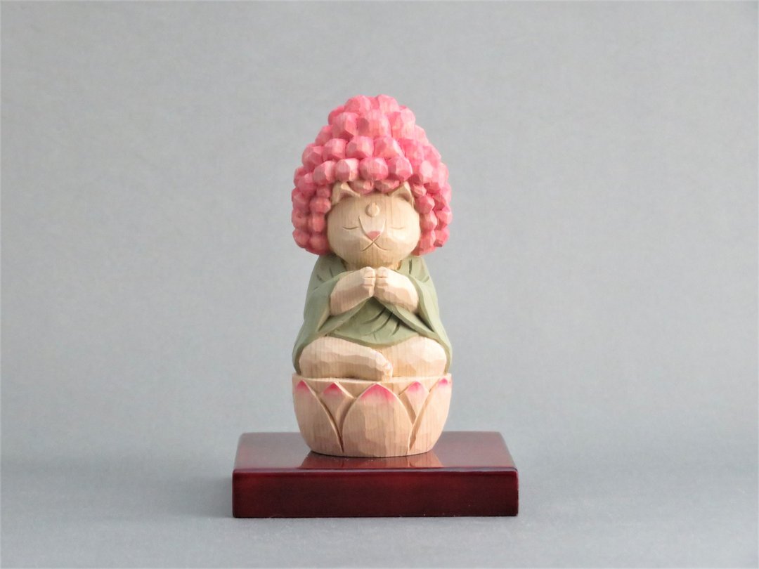 Wood carving Cat Buddha 1921 - 摆饰 - 木头 粉红色