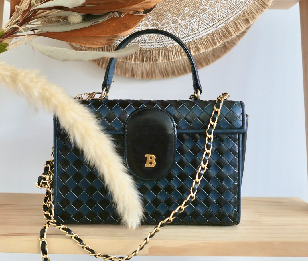 稀有 - BALLY 中古古董黑蓝编织化妆背包 - 附非原装背带 - 侧背包/斜挎包 - 真皮 黑色