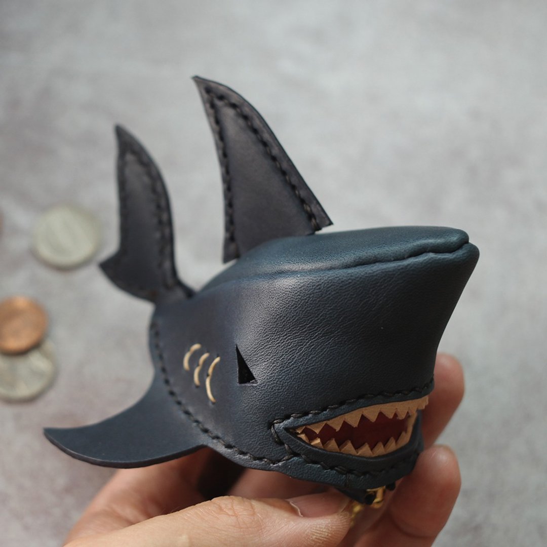纯手工制 深蓝色 鲨鱼零钱包 Shark Coin Purse - 钥匙链/钥匙包 - 真皮 蓝色