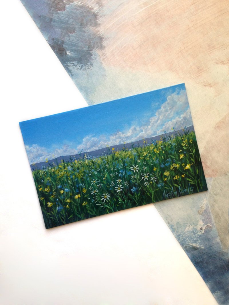 The flower field landscape. Small landscape. Flower painting. Blooming field. - 海报/装饰画/版画 - 其他金属 绿色