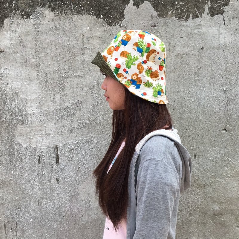 *仙人掌刺猬米白 双面渔夫帽 * - 帽子 - 棉．麻 