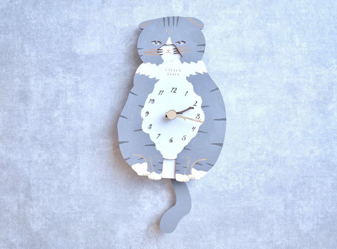 Scottish Fold Gray Clock Wooden Pendulum Clock Wall Clock - 时钟/闹钟 - 木头 灰色