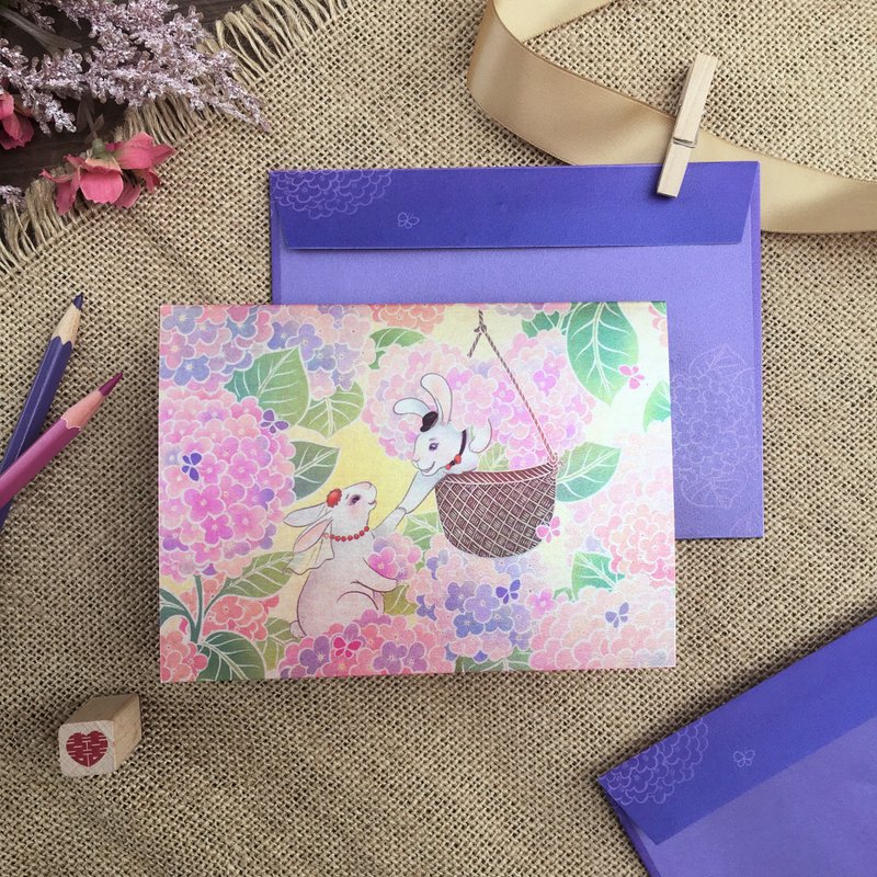 【精致插画对折祝福卡】/情人节/结婚卡/兔 - 卡片/明信片 - 纸 粉红色