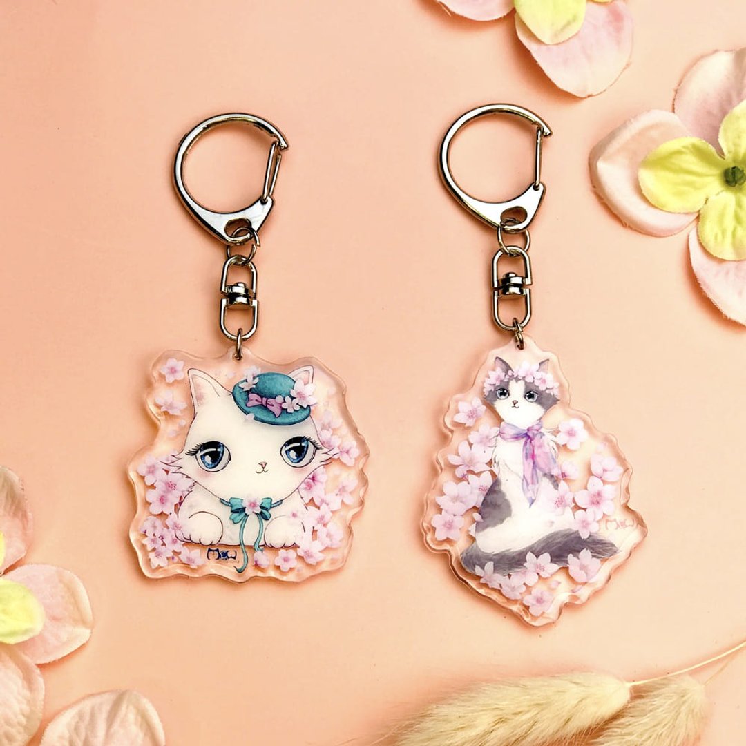 钥匙圈 | 吊饰 | 滴胶款压克力 - 樱花美人猫、樱花雨花花猫 - 吊饰 - 压克力 粉红色