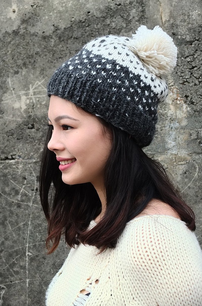 羊毛 手工编织 爱心 点点 双色 灰+白 毛帽 - 帽子 - 羊毛 灰色