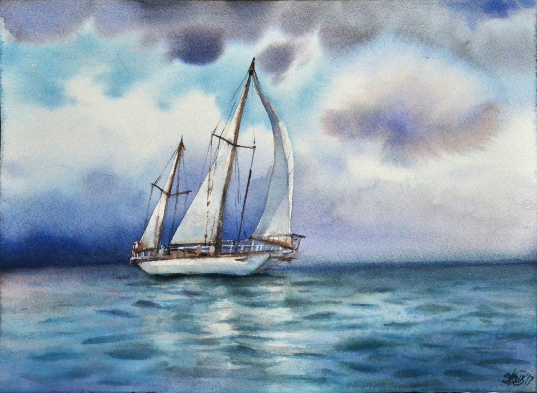 Seaboat original watercolor painting by artist Irina Zhunaeva - 墙贴/壁贴 - 纸 蓝色
