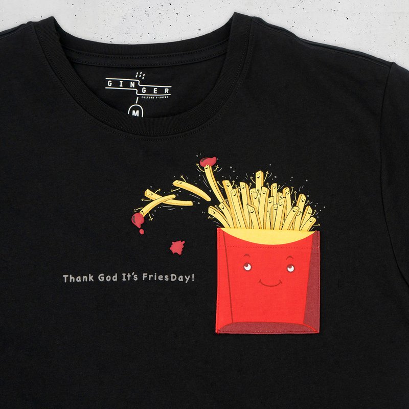 Thank God It's FriesDay! 中性 T恤 - 黑色 - 中性连帽卫衣/T 恤 - 棉．麻 黑色