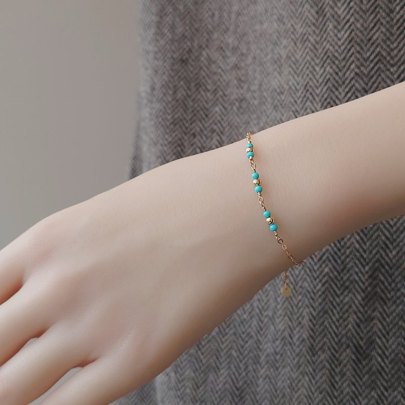 迷你天然顶级睡美人土耳其石 蓝松石 14Kgf 包金 可调整手链 - 手链/手环 - 半宝石 蓝色