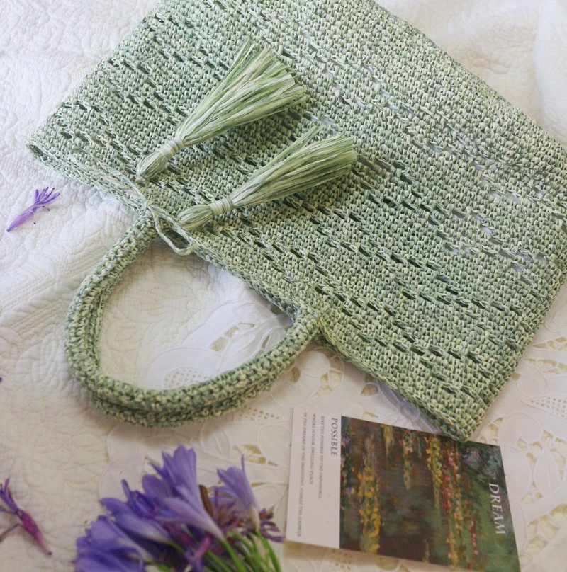 【限量现货】Handmade手工编织/纸草绳编织手提包/购物袋/流苏 - 手提包/手提袋 - 纸 绿色