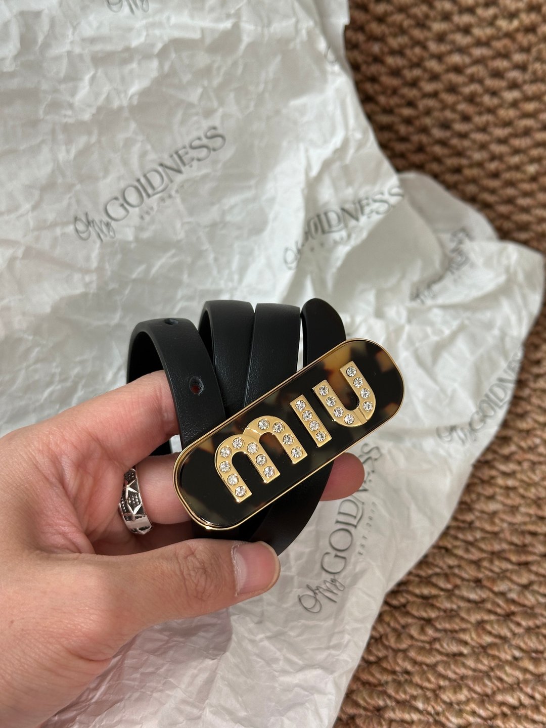 中古品 Miumiu 玳瑁闪钻腰带 - 皮带/腰带 - 真皮 黑色