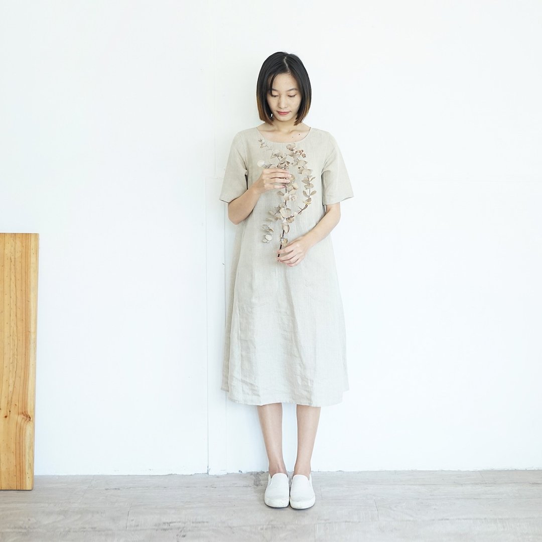 Camellia Dress :  Round Neck Short Sleeve Linen Dresses with Pockets - 洋装/连衣裙 - 棉 灰色