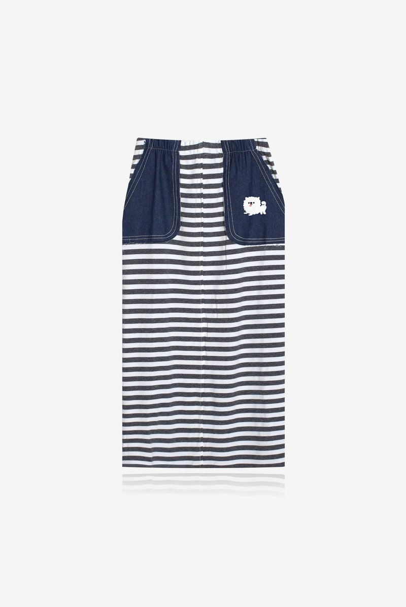 【Last one】天使脸孔小白狗－牛仔口袋条纹休闲裙 - 裙子 - 棉．麻 灰色