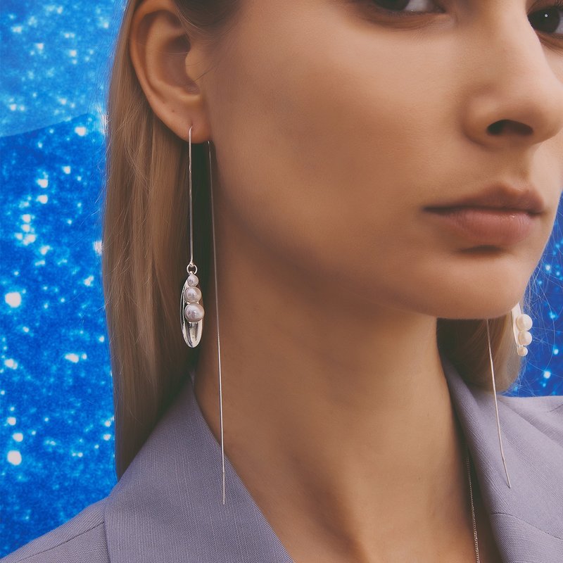 Multiverse - 时空旅行珍珠长耳线-纯银 - 耳环/耳夹 - 纯银 银色